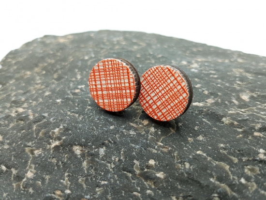 Preview: Strich Muster 3D Holz Scheiben Ohrstecker rot